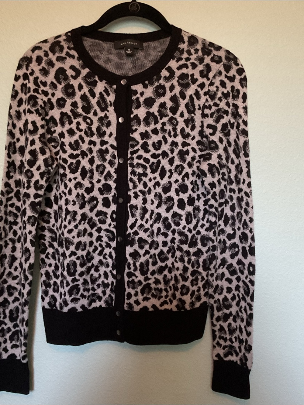 Ann Taylor Black and Grey Leopard Print Button Cardigan